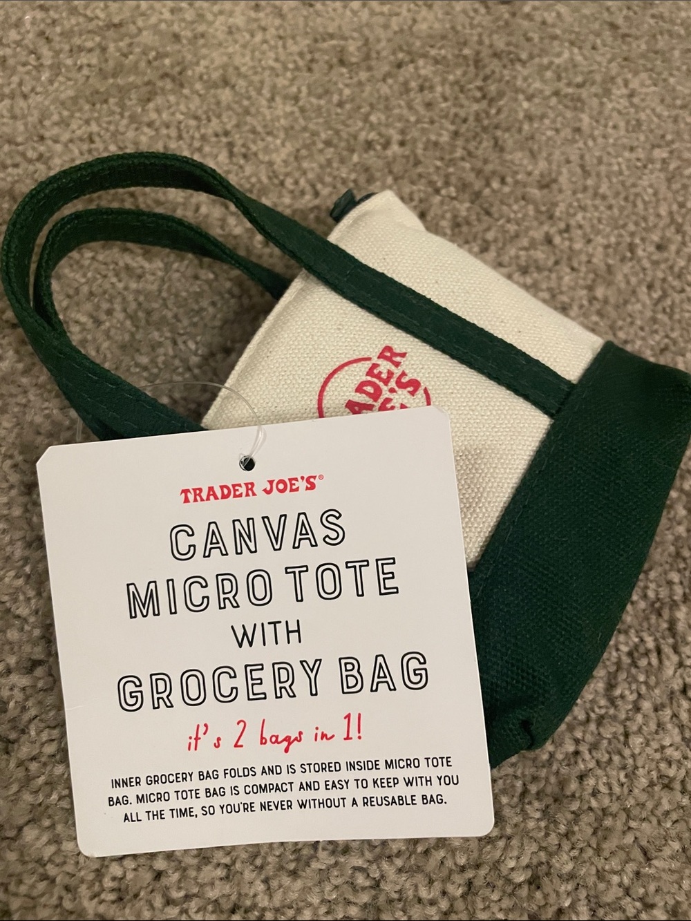 Trader Joe's Cream and Green Mini Micro-Tote Bag - Picture 3 of 4